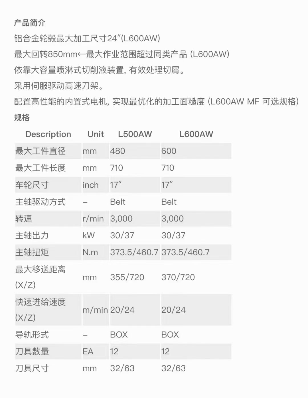 威亚L600AW轮毂车床
回转直径850mm
加工直径600mm
加.