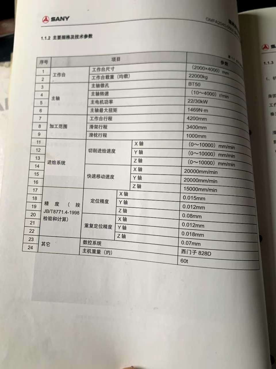 三一24米龙门，西门子系统，硬轨，参数如下表