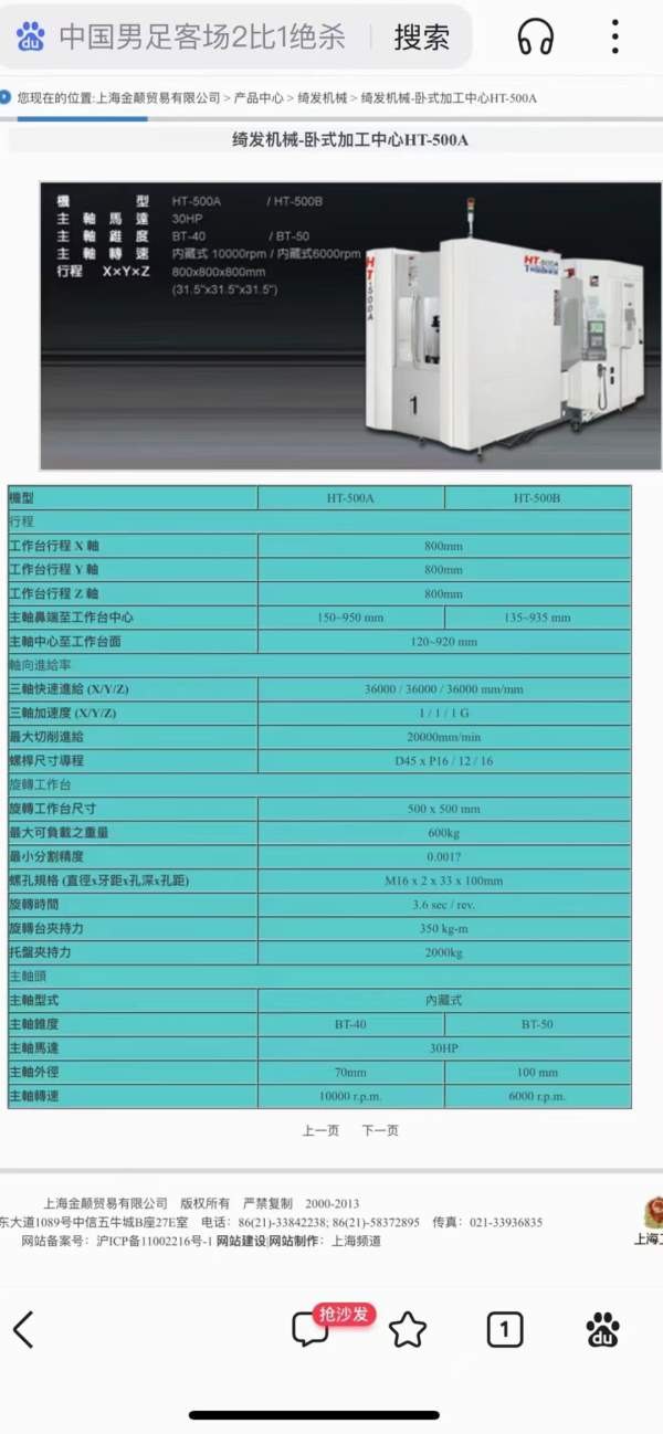 刚刚买下一台台湾崎发HT-500A双工位卧加、发那科18-MB.