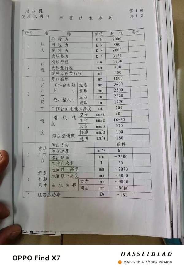 合锻RZU800吨开口1800行程1300工作台2200乘3600前移动.