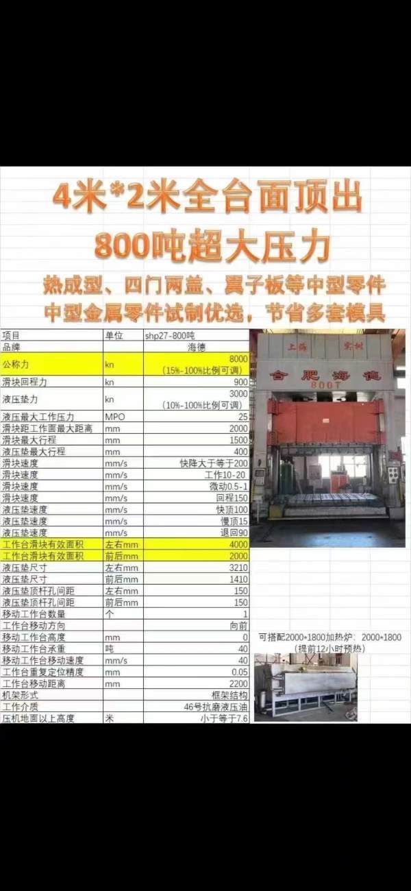合肥海德产，800吨框架液压机，安装少用，4米大台面。