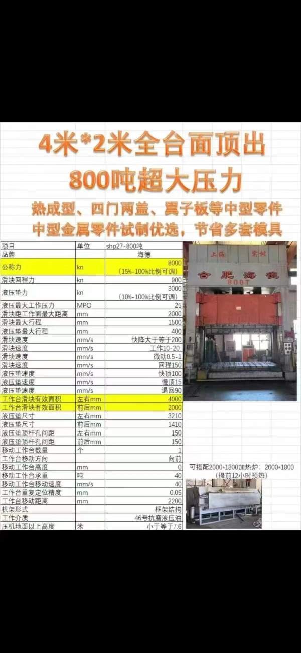 合肥海德800吨框架液压机，安装少用，4米大台面，