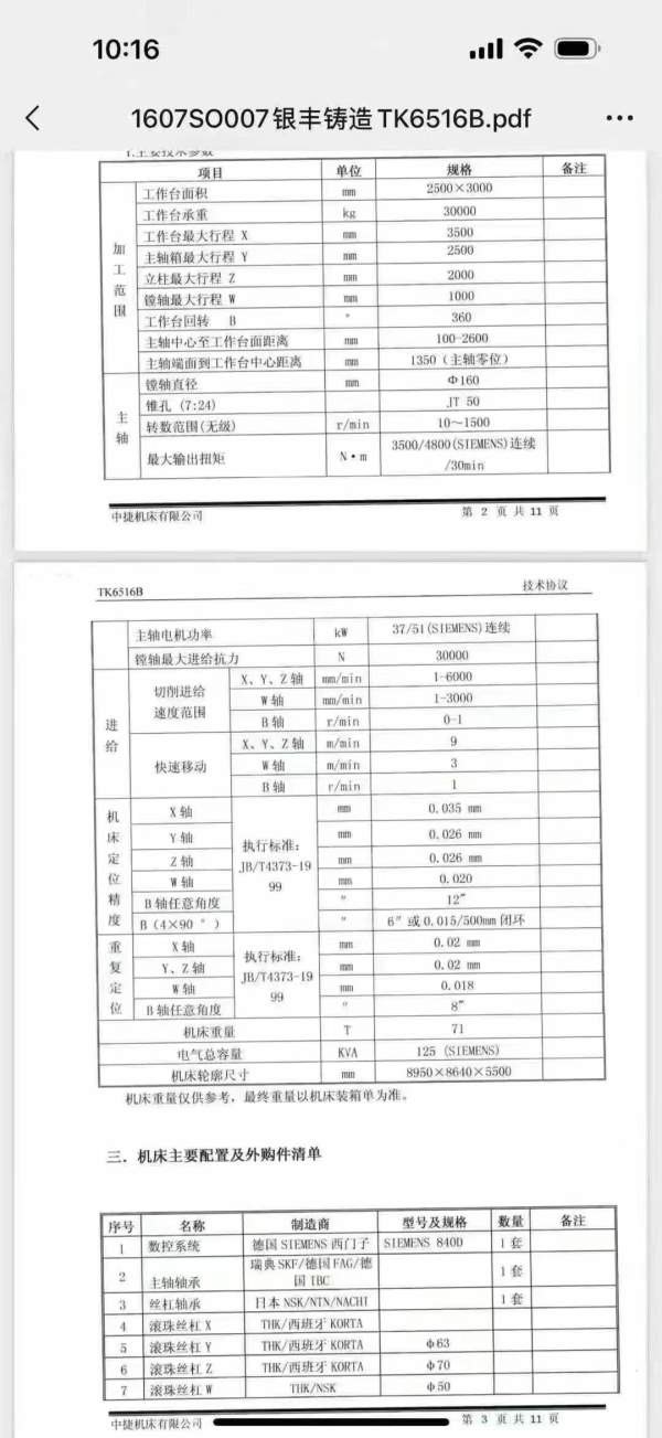 全新，沈阳中捷产，TK6516B刨台镗，西门子840D系统，X.