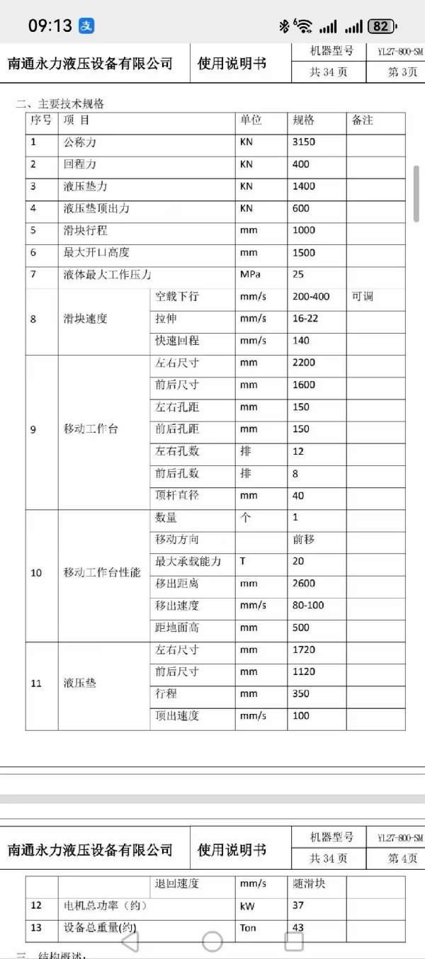 工厂在位出售：安装未用，2300吨框架液压机，带移动工.