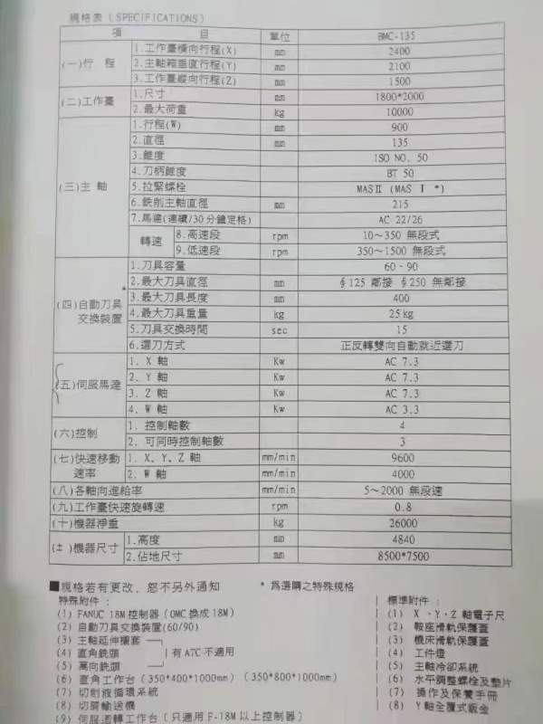 台湾远东数控镗铣床BMC-135，远东130，BT50主轴带齿轮.