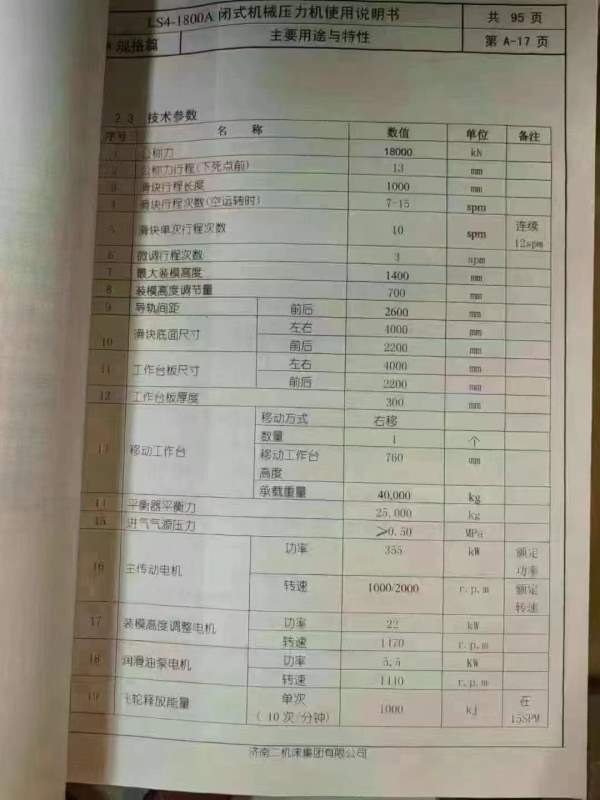 济南二机产，1800吨 多连杆压力机一台，行程1000，模.